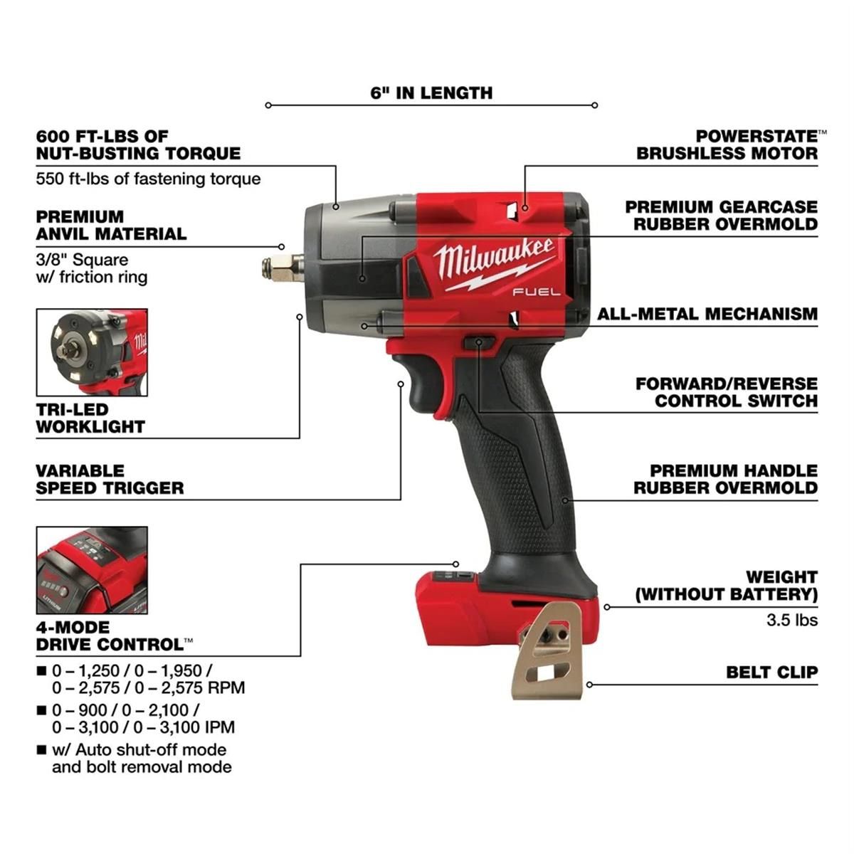 Milwaukee Tool M18 FUEL 3/8" Mid-Torque Impact Wrench w/ Friction Ring, Bare Tool
