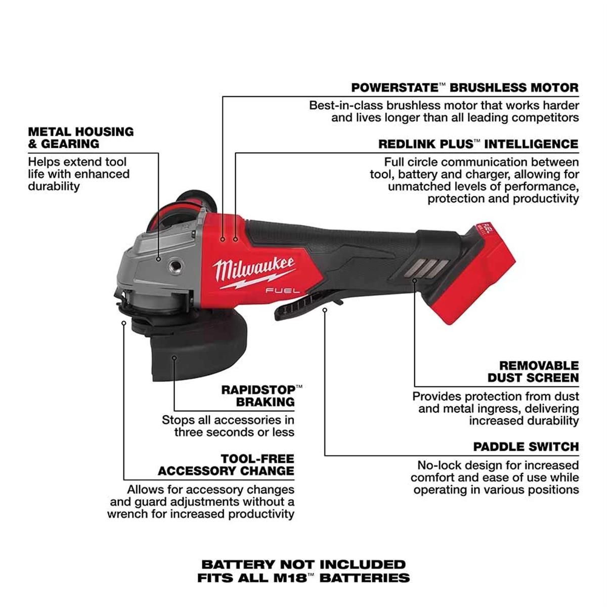 Milwaukee Tool M18 FUEL 4-1/2" / 5" Braking Grinder Paddle Switch, No-Lock